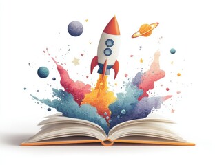 Open book with rocket launch exploding in colorful paint