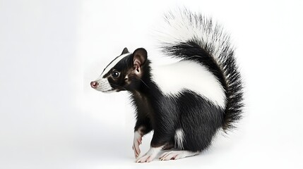 Fototapeta premium Full-Body Shot of a Skunk with Fluffy Tail Looking Over Its Shoulder on White Background