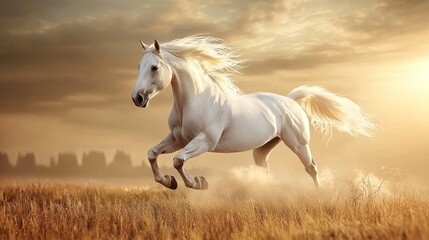A white horse galloping in a field with a dramatic sky in the background.
