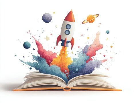 Open book with rocket launch exploding in colorful paint