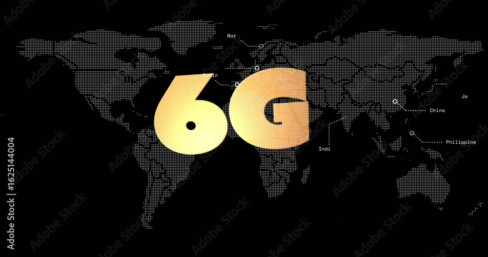 Poster displaying golden 6g label over dotted world map screen with circular markers, dashed lines, labels