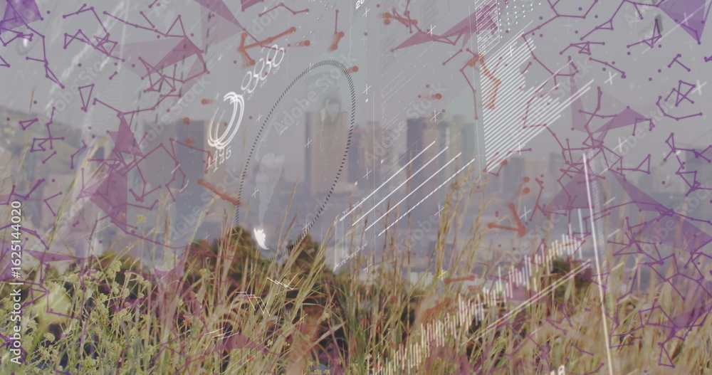 Poster overlaying purple network graphs and charts across grassland to skyline, with numeric annotations
