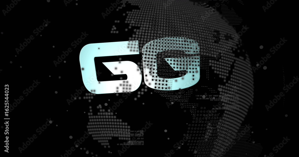 Poster glowing 5g text floating over rotating dotted globe against black backdrop, showcasing connectivity