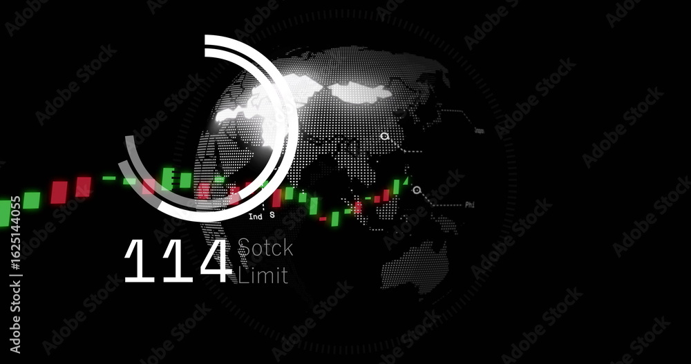 Aufkleber displaying trading interface showing gauge, stock limit indicator 114, red green bars on dotted map