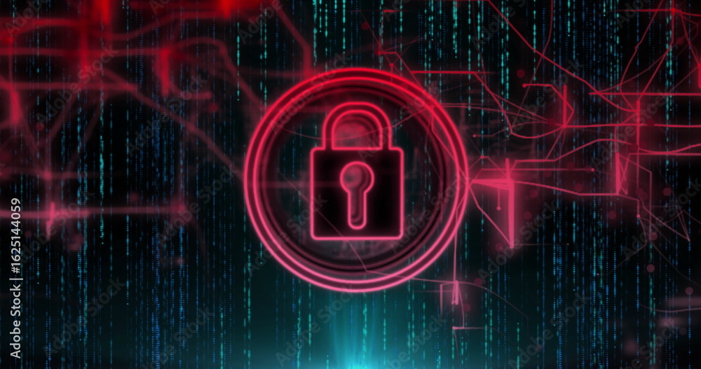 Aufkleber highlighting neon red padlock icon glowing on virtual grid, streaming teal code and red circuits