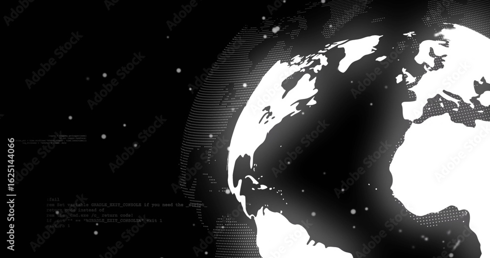 Poster world globe hemisphere rotating in dashboard, with dotted mesh, drifting particles and code lines