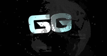 Glowing 5G text floating over rotating dotted globe against black backdrop, showcasing connectivity
