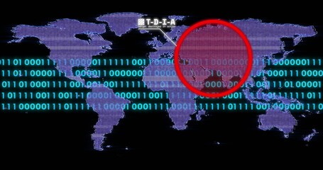 Displaying purple map with cyan code, TDIA annotation marking Asia zone with red target, copy space