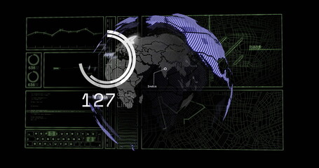 Displaying 3D globe rotating in dashboard, with progress circle, numeric readout and data panels