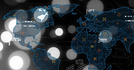 Naklejka na ściany i meble Displaying stylized world map outline on digital interface, with layered circles and data markers
