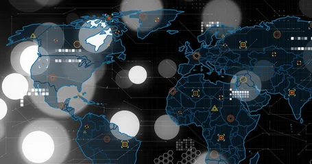 Gordijnen Displaying stylized world map outline on digital interface, with layered circles and data markers © vectorfusionart