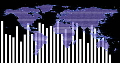 Displaying white vertical bar chart columns overlaying pixelated purple world map on dark screen