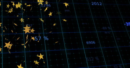 Displaying cluster of gold star shapes floating over teal dashboard grid, with blue numeric labels