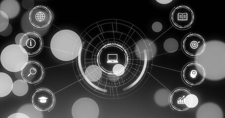 Glowing central circular interface containing laptop icon on dark backdrop with radial info icons
