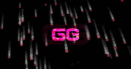 Streaming glitchy GG logo cascading binary rain across hacking interface, with digital code