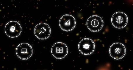 Floating nine icons displaying gear, magnifier, chart, info, globe, laptop and more in digital UI