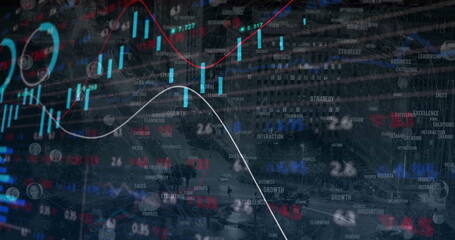 Displaying financial overlay with candlestick charts and buzzword labels on city street with cars