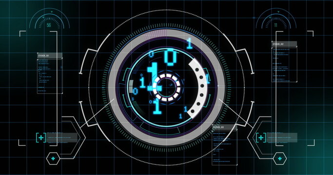 Displaying central holographic interface rotating on grid with binary overlays and code panels