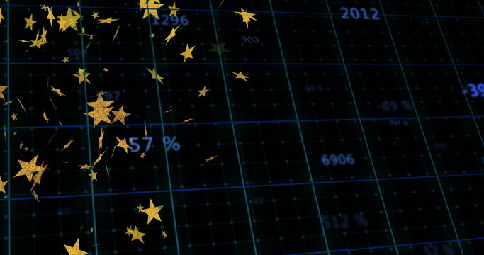 Displaying cluster of gold star shapes floating over teal dashboard grid, with blue numeric labels