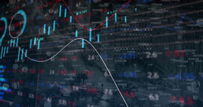Displaying financial overlay with candlestick charts and buzzword labels on city street with cars - Powered by Adobe