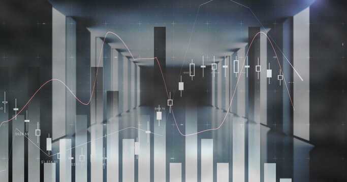 Displaying financial data in futuristic hall with candlestick bars, histogram bars and line graphs