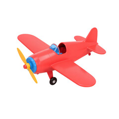 Vibrant red toy airplane with golden propeller isolated on a transparent display for creativity