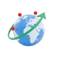 Fototapeta premium Global expansion illustrated with stylized globe pins and encircling growth arrow on transparent