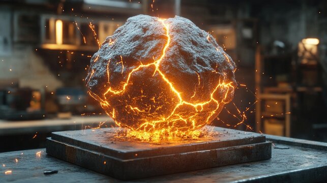 Energy sphere with bright orange cracks resting on metallic surface in workshop - Powered by Adobe