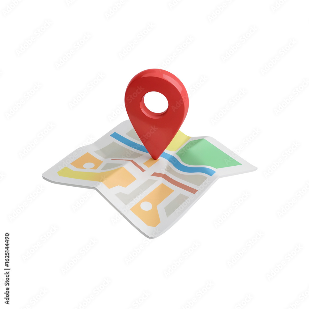 Poster stylized location pointer on a folded map illustration offering guidance for navigation
