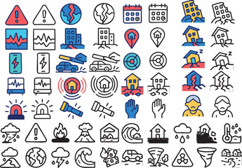 Fototapeta premium A comprehensive set of icons depicting natural disasters, emergency alerts, and safety preparedness in color and outline styles.