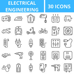 Fototapeta premium Electric Devices and Machines Icon Set – appliances, tools, vehicles, power equipment, black outline, transparent background