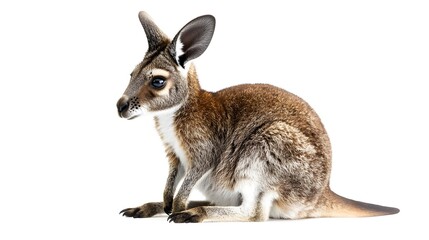 Serene Full-Body Portrait of a Wallaby Crouching Calmly on a White Background