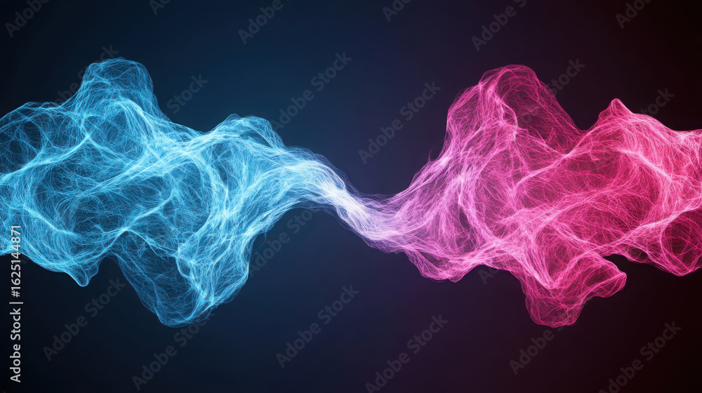 Poster abstract blue and pink light flowing through dark background. conceptual particle data visualization