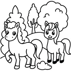 Naklejka premium Cute cartoon horses and trees in a simple line drawing illustration for children coloring book