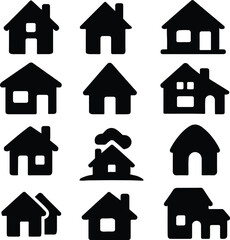 House Icon Vector Set – Minimalist Black Home Icons for Real Estate, Mobile Apps, Website Navigation, Property Listings, Smart Home UI, Construction and Architecture Projects – Simple House Silhouette