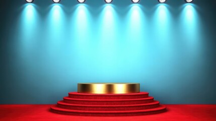 Empty matte golden podium. Red Winner Stage podium with lighting, Stage Podium Scene with for Award Ceremony on red Background