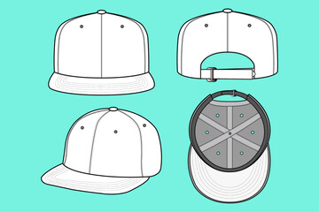 Six Panel Baseball Cap Fashion Flat Sketch Template CAD Mockup Different Views.