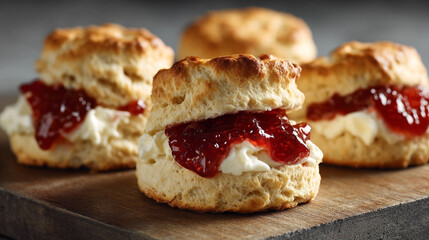 Close up of scones with cream and jam on a wooden board ready to be eaten