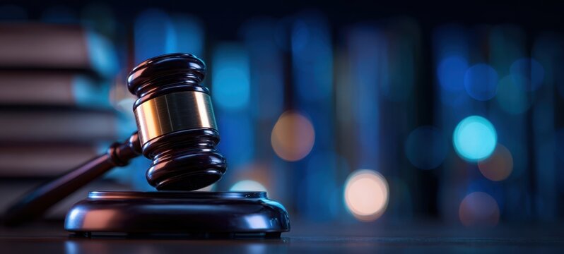 The gavel resting on a wooden block in a dimly lit courtroom setting