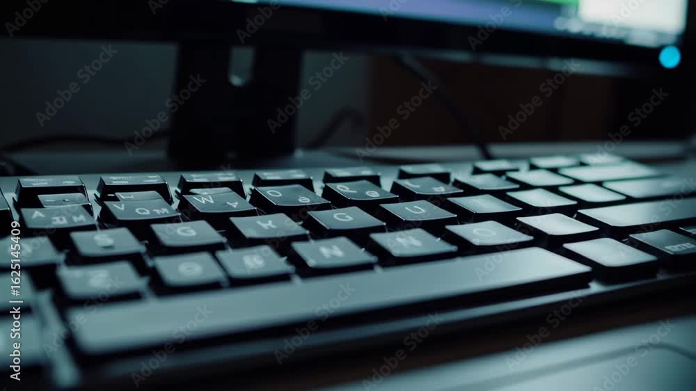 Poster close-up view of black computer keyboard with focus on keys and textural details in a soft blurred b