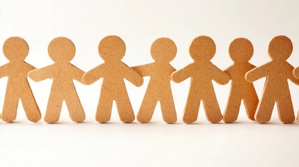 A group of paper cutout people standing in a line on a white background.