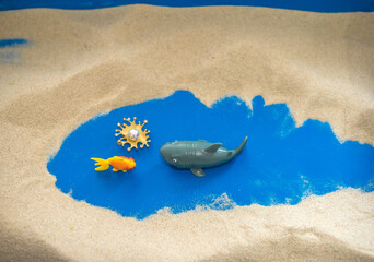 The concept of psychology. Sand therapy. A shark figurine attacking a goldfish, on the sand in a...
