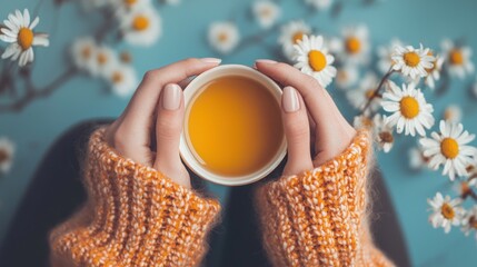 A person's hands holding a cup of chamomile tea with a blue background adorned with white daisies.