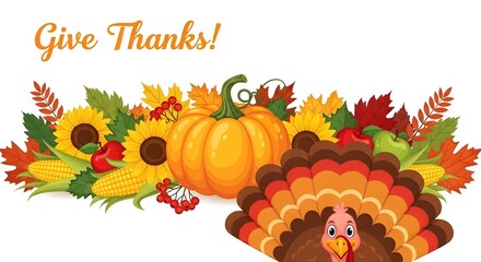 Festive Thanksgiving Border with "Give Thanks!" Greeting and Autumn Harvest Elements