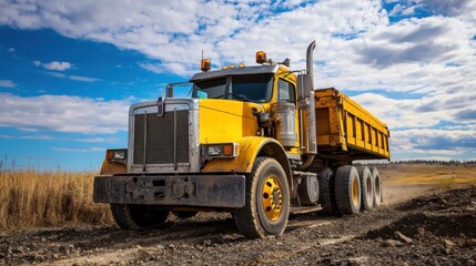 Obraz premium A yellow dump truck driving on a dirt road with a field in the background.