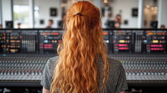 Female audio engineer with red hair at work in a professional recording studio