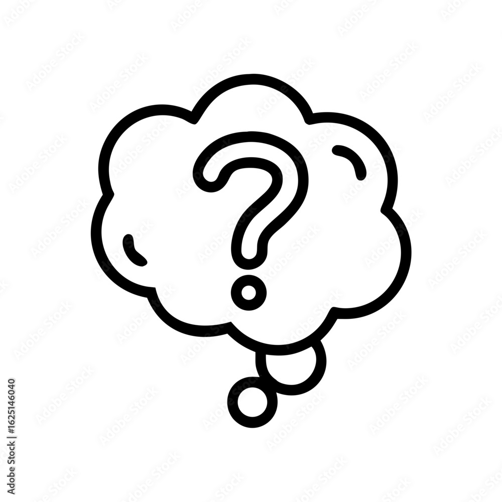 Poster illustration of a thought bubble containing a question mark with two small circles below it in black