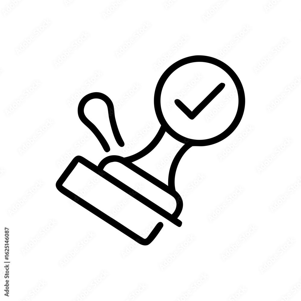 Aufkleber outline drawing of a rubber stamp with a check mark inside a circle indicating approval and validati