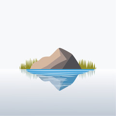 Nature reflection on tranquil lake with rocky island serene environment digital