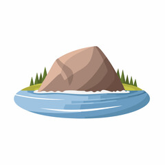 Rock formation surrounded by water and trees in a scenic natural landscape